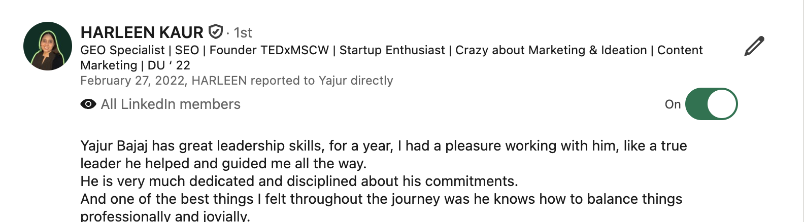 Original LinkedIn recommendation from Harleen Kaur