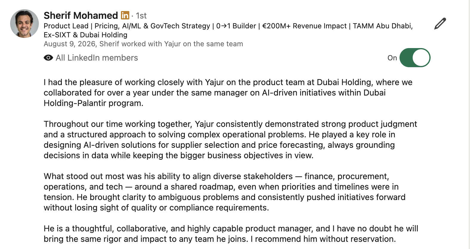 Original LinkedIn recommendation from Sherif Mohamed